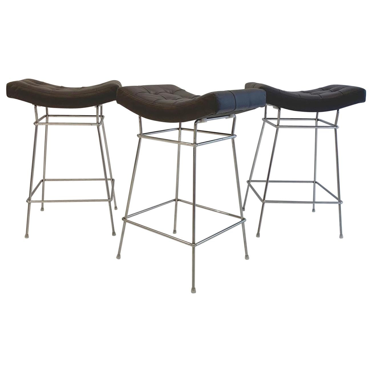 Bienal Stools with Chromed Steel Bases and Quilted Brown Dark Leather Seats at 1stDibs quilted