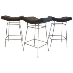 Bienal Stools with Chromed Steel Bases & Quilted Brown Dark Leather Seats
