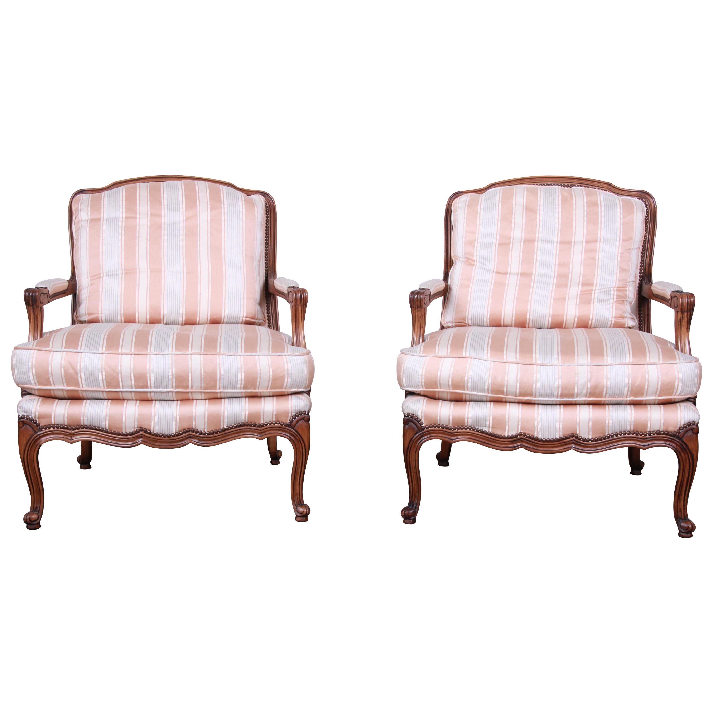 Baker Furniture French Provincial Louis XV Style Bergère Chairs, Pair