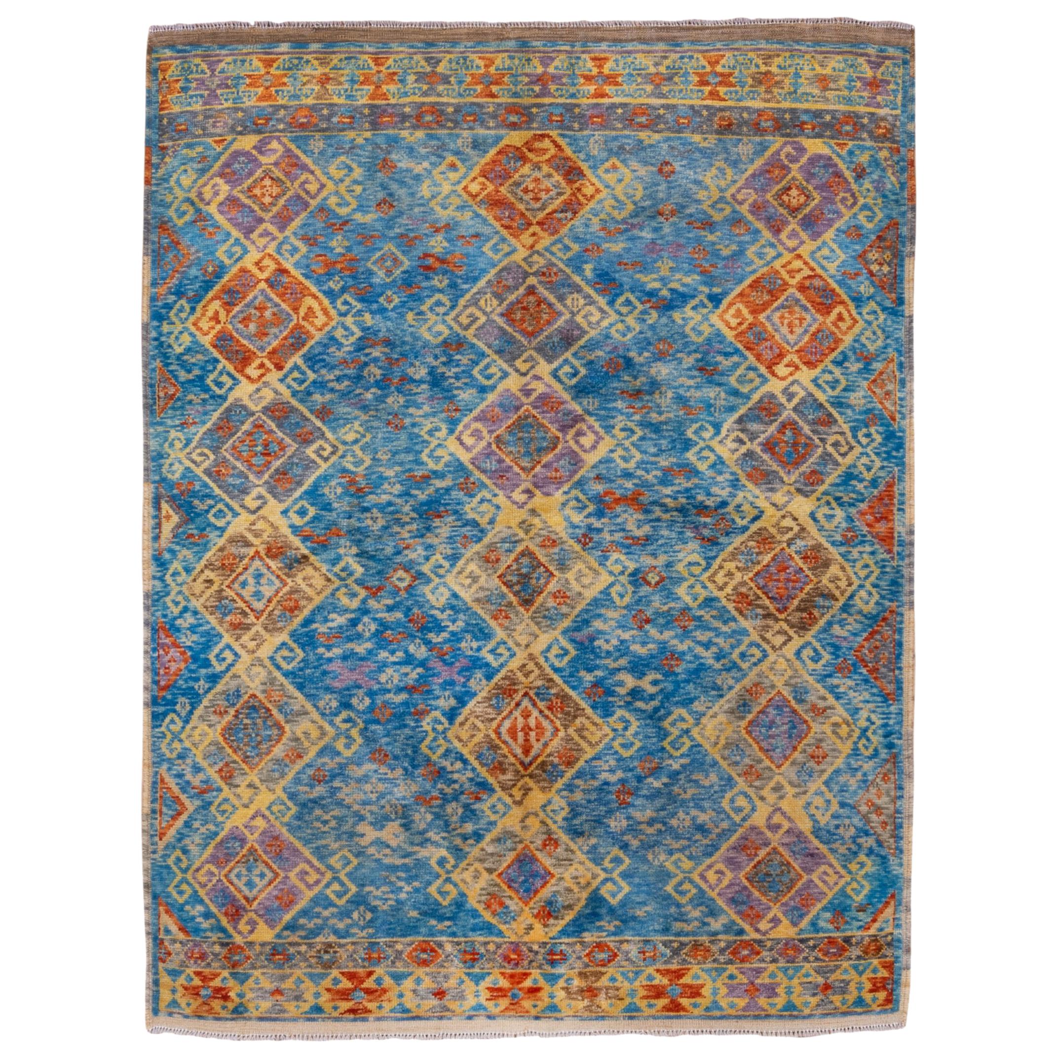 Tapis Gabbeh moderne et coloré, champ bleu