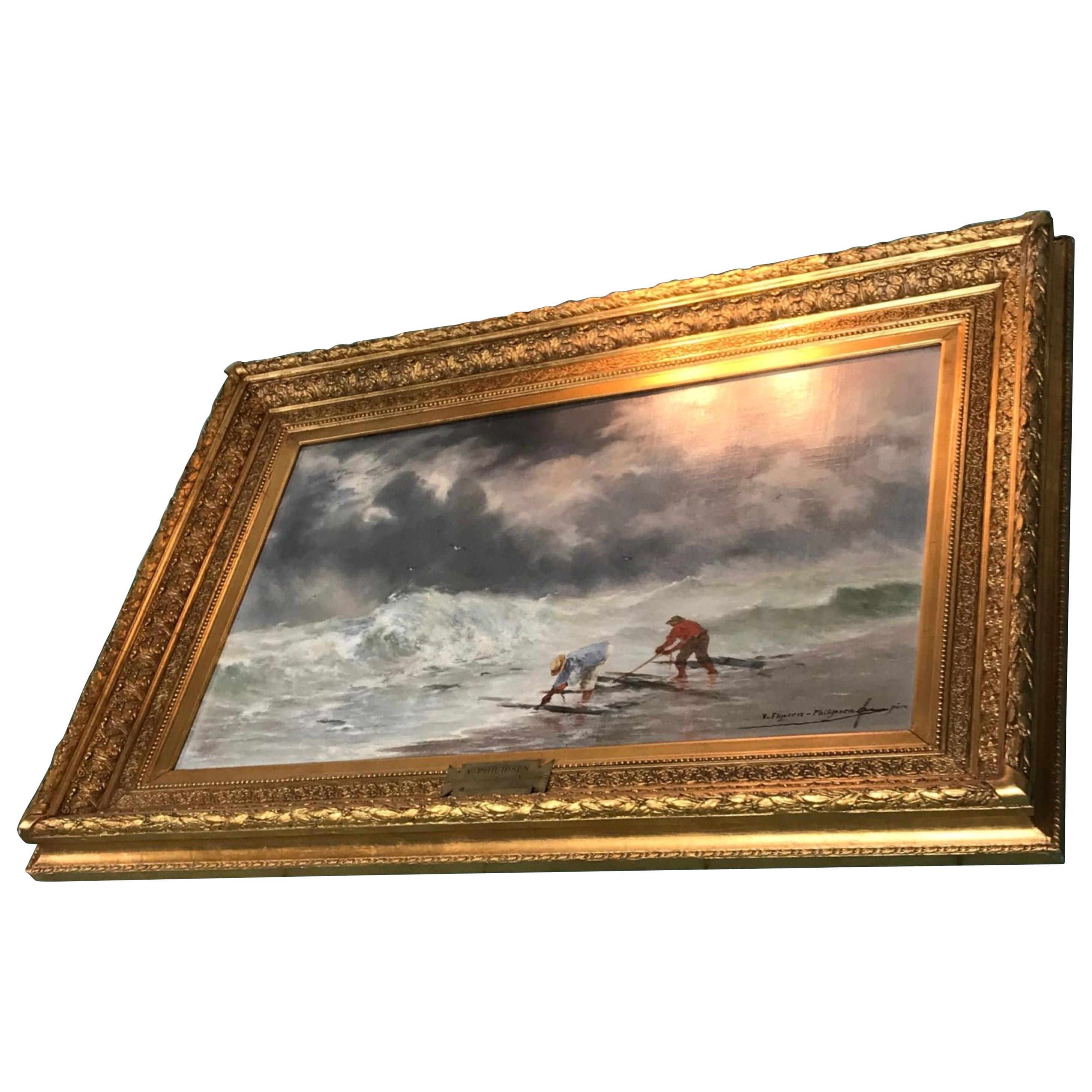 Painting 19th Century by Victor Philipsen Seascape Skies Stormy Day at the Beach