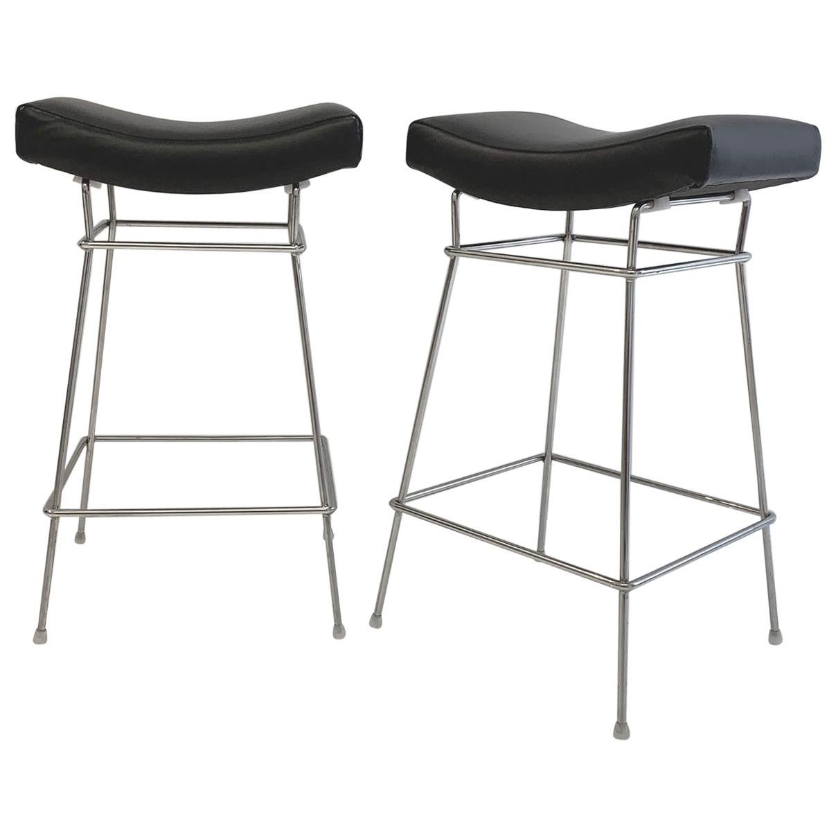 Vintage Bienal Stools with Chromed Steel Bases and Black Leather Seats