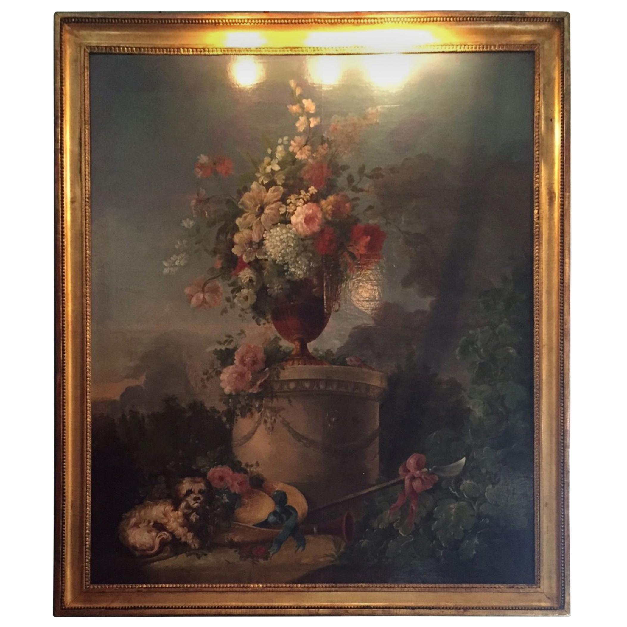 Large 18th Century Bucolic Painting Garden Scene with a Dog Flowers Antiques LA