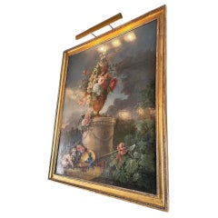 Gran Pintura Bucólica del S. XVIII Jardín Escena de la Naturaleza Paisaje Perro Flores Antiguo