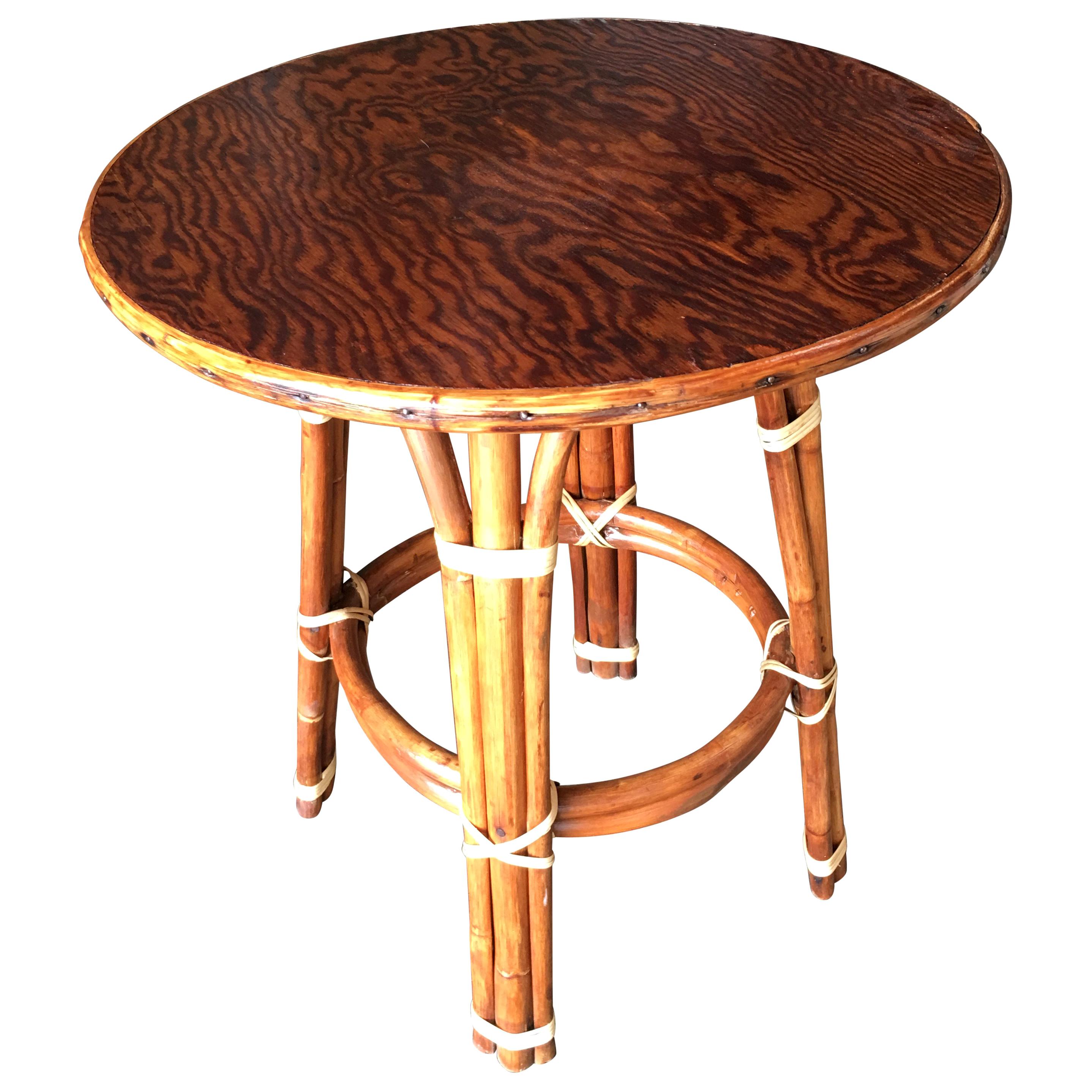 Restored Rattan ‘Double Circle’ Drink Table with Mahogany Top