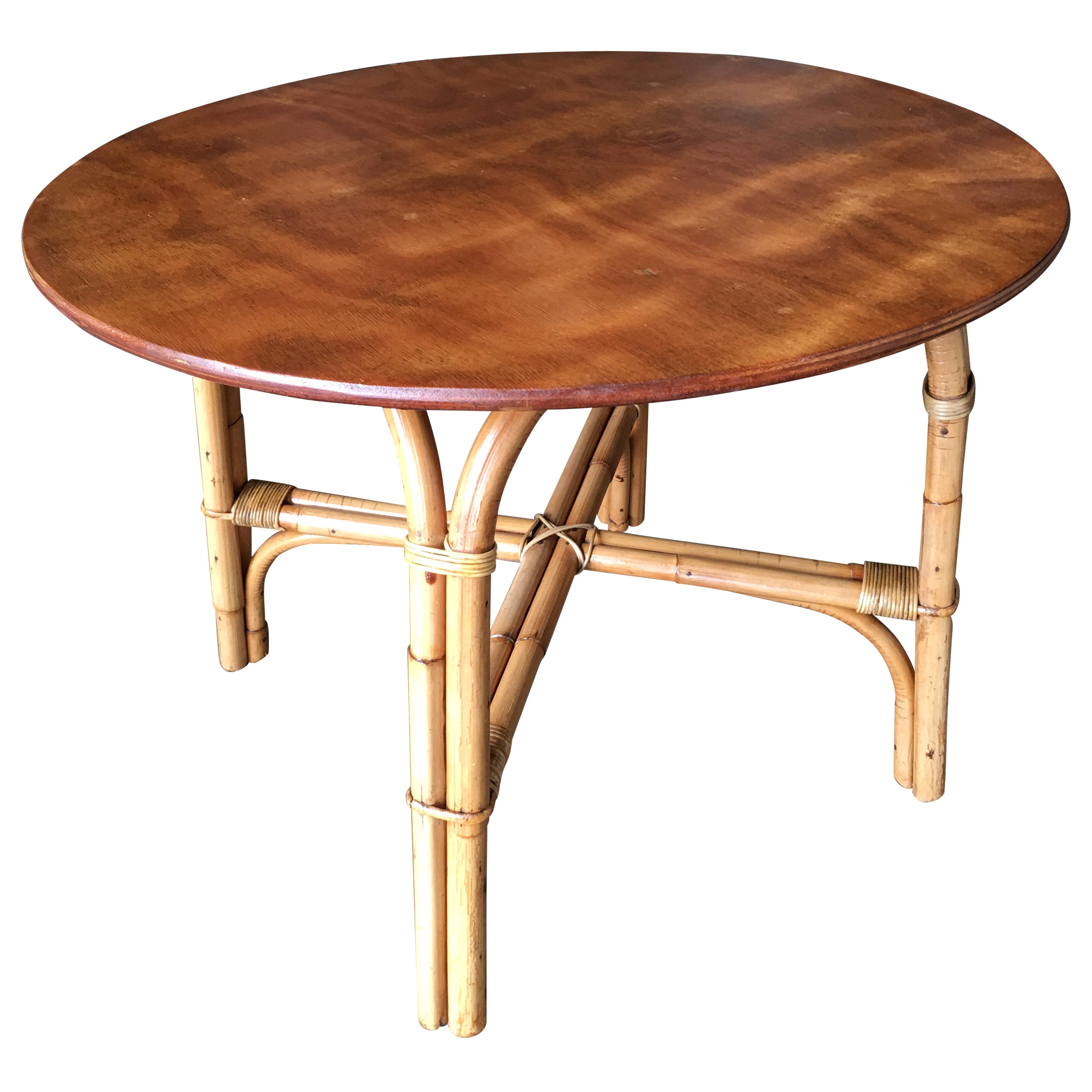 Restored Round Rattan Coffee Table with Mahogany Top For Sale at 1stDibs