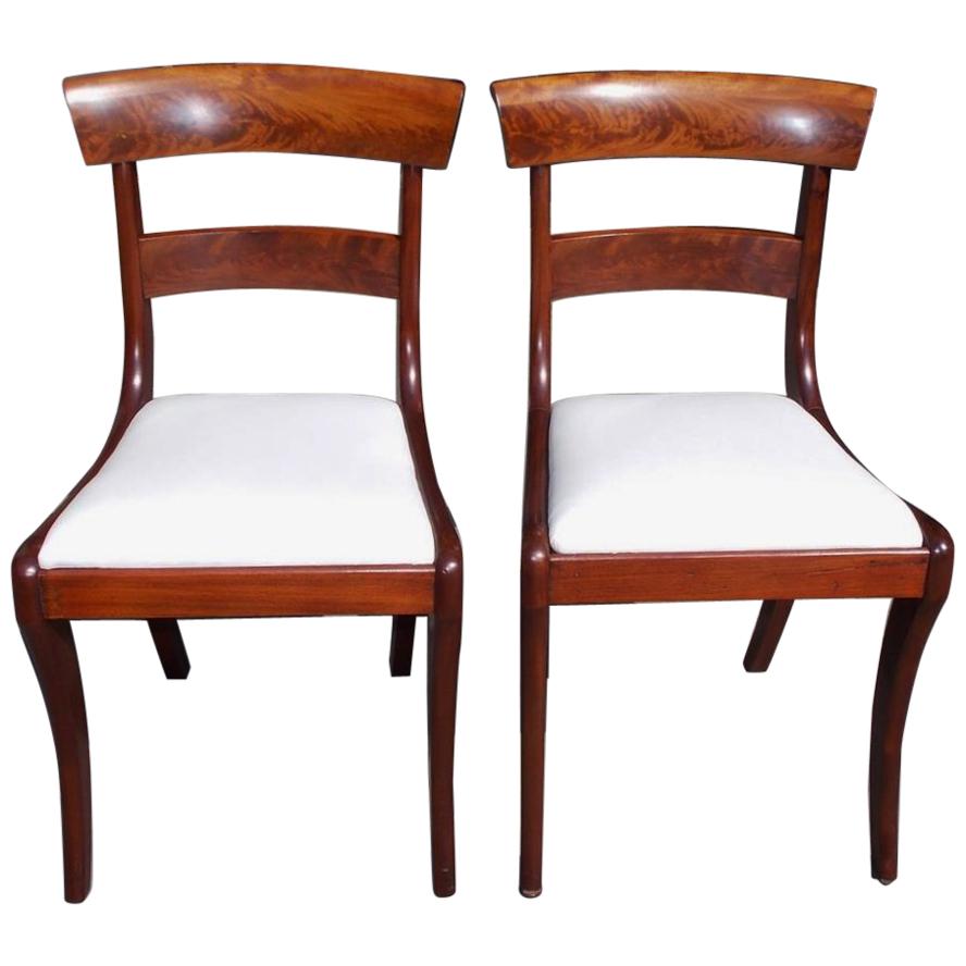 Pair of American Federal Mahogany Upholstered Side Chairs on Saber Legs, C. 1820