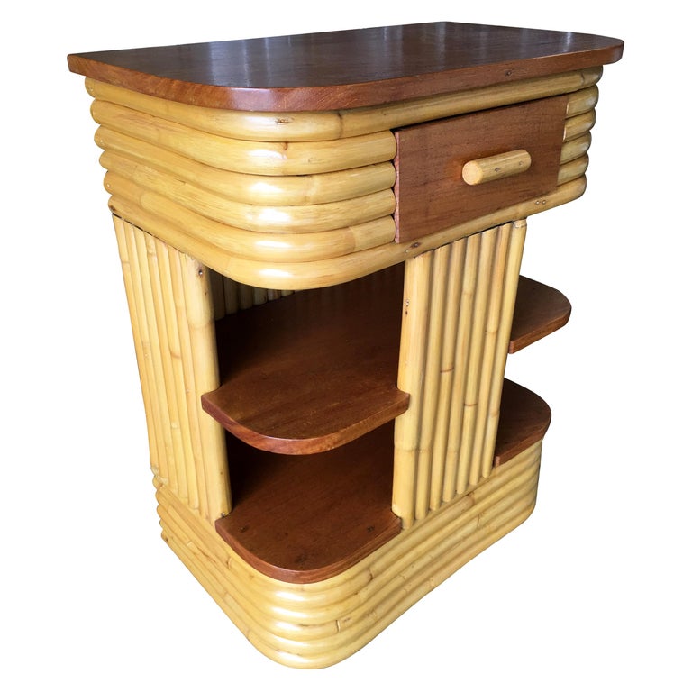 Paul Frankl Inspired Stacked Rattan Side Table with Floating Shelf For