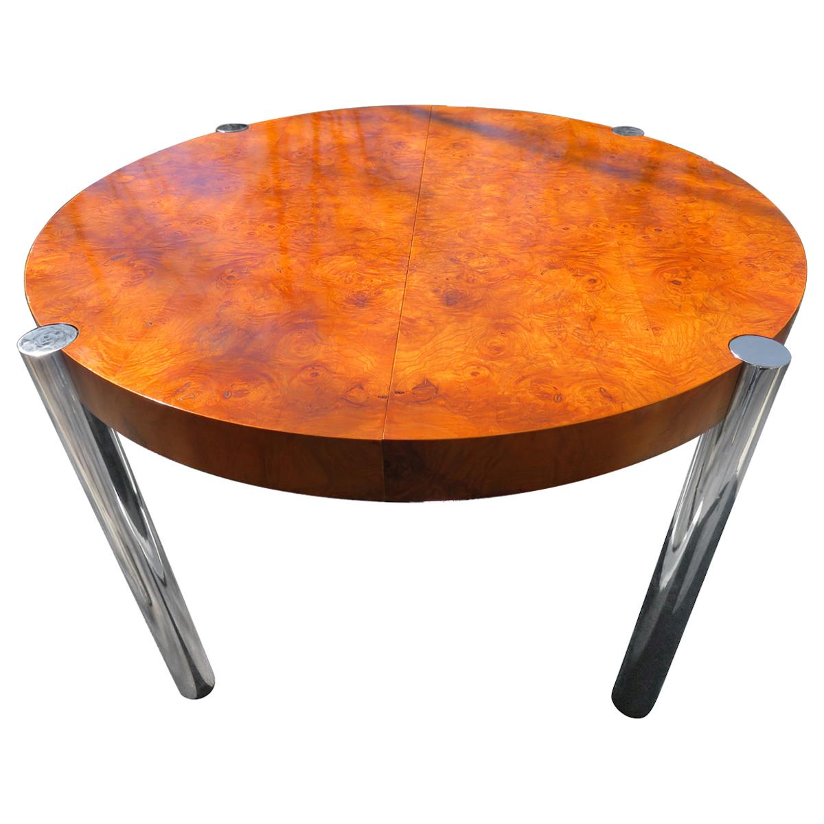Fabulous Milo Baughman Style Round Burled Olive Wood Chrome Dining Table