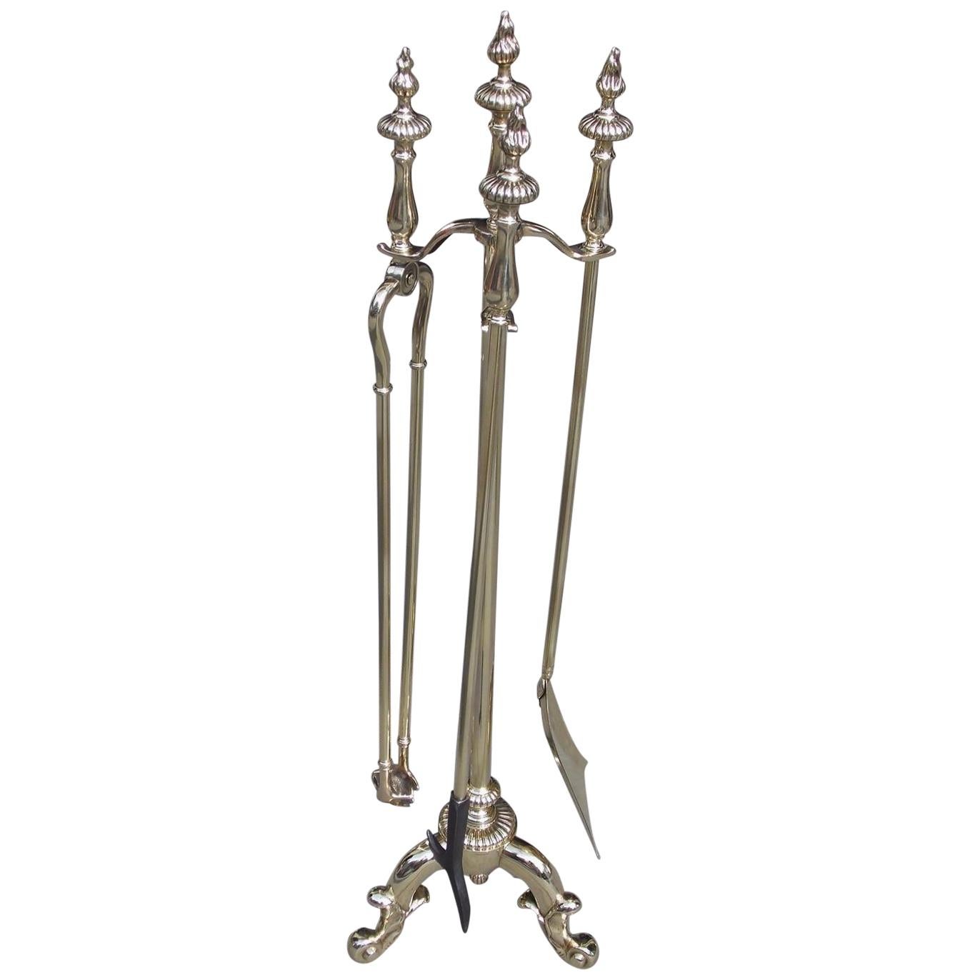 Set of Three English Brass Flame and Melon Finial Fire Tools on Stand Circa 1850