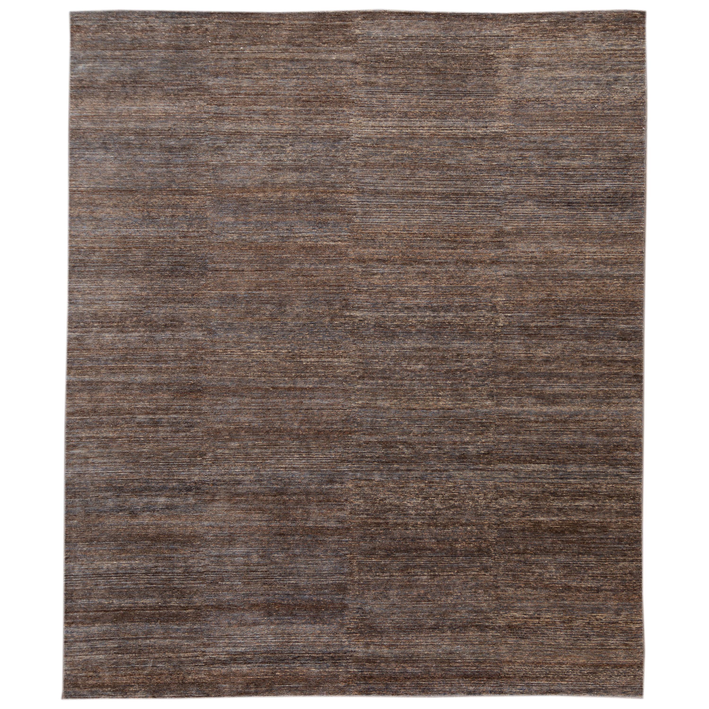 Contemporary Brown & Blue Wool and Silk Area Rug