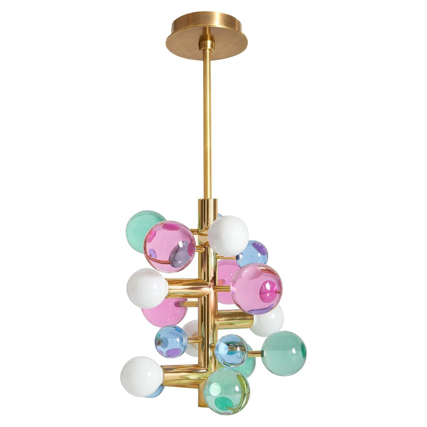Globo Colored Lucite and Brass Five-Light Chandelier For Sale