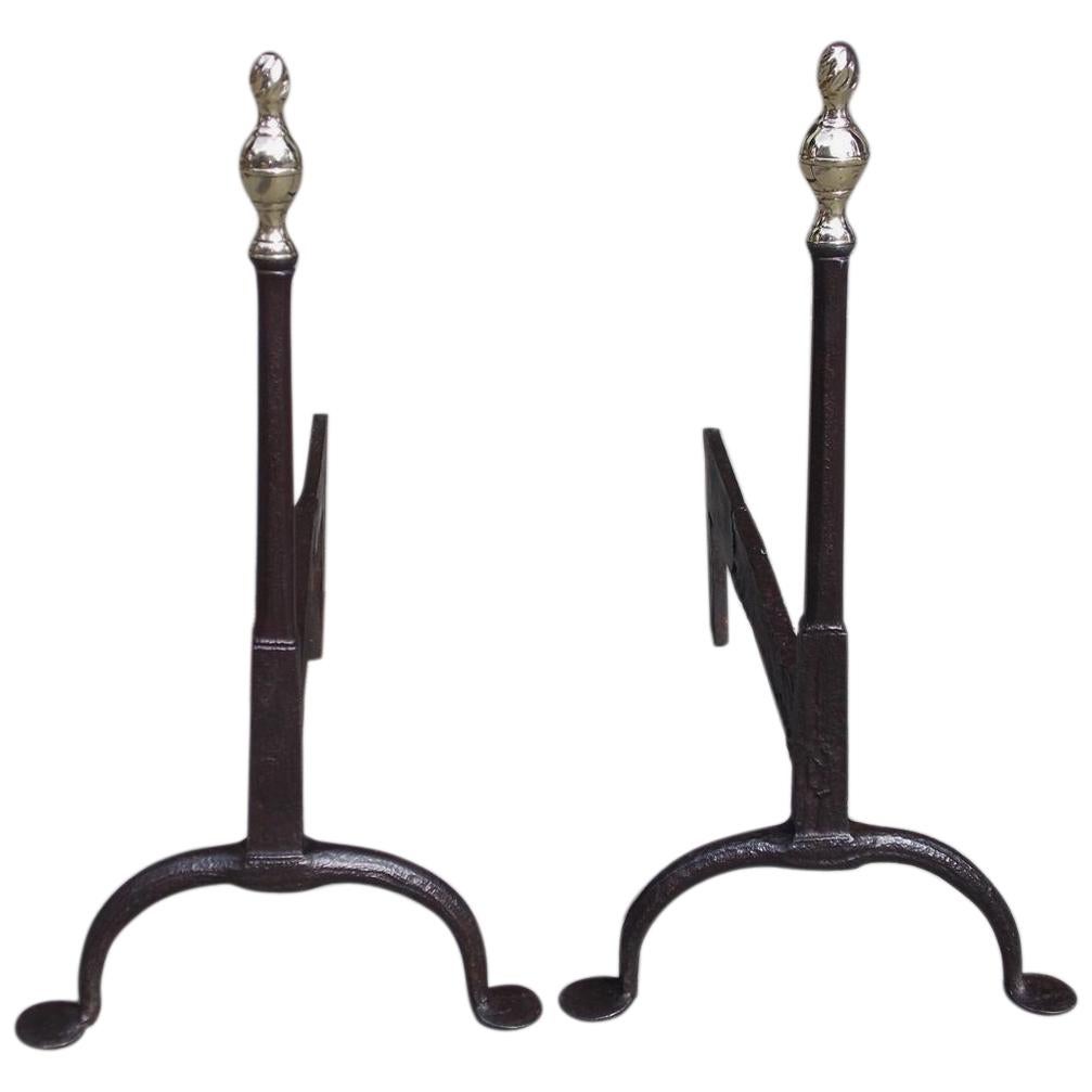 Pair of American Brass Flame Finial Lemon Top and Wrought Iron Andirons. C. 1770 For Sale