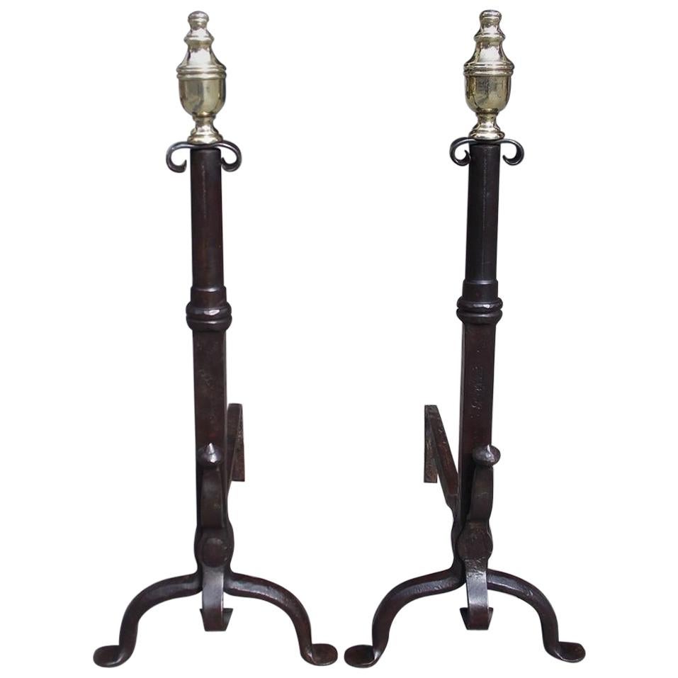 American Wrought Iron and Brass Urn Finial Andirons with Penny Feet, Circa 1780