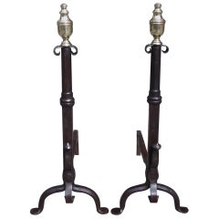 American Wrought Iron and Brass Urn Finial Andirons with Penny Feet, Circa 1780