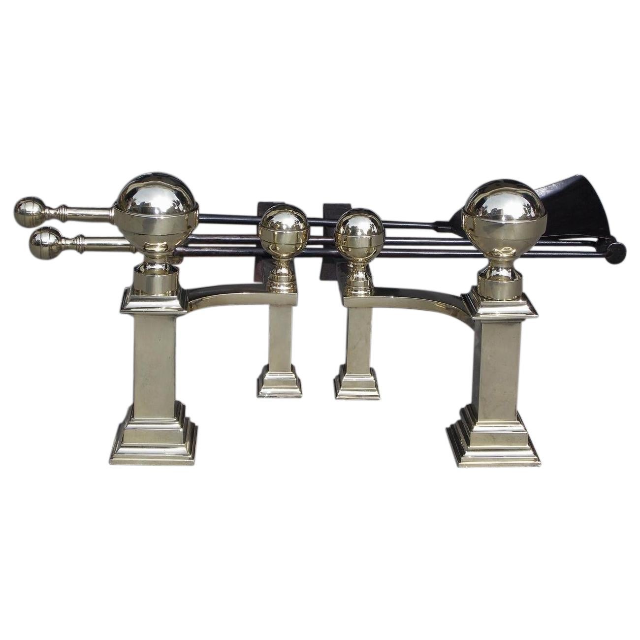 American Brass Banded Ball Top Andirons with Matching Tools, J. Hunneman C 1820  For Sale