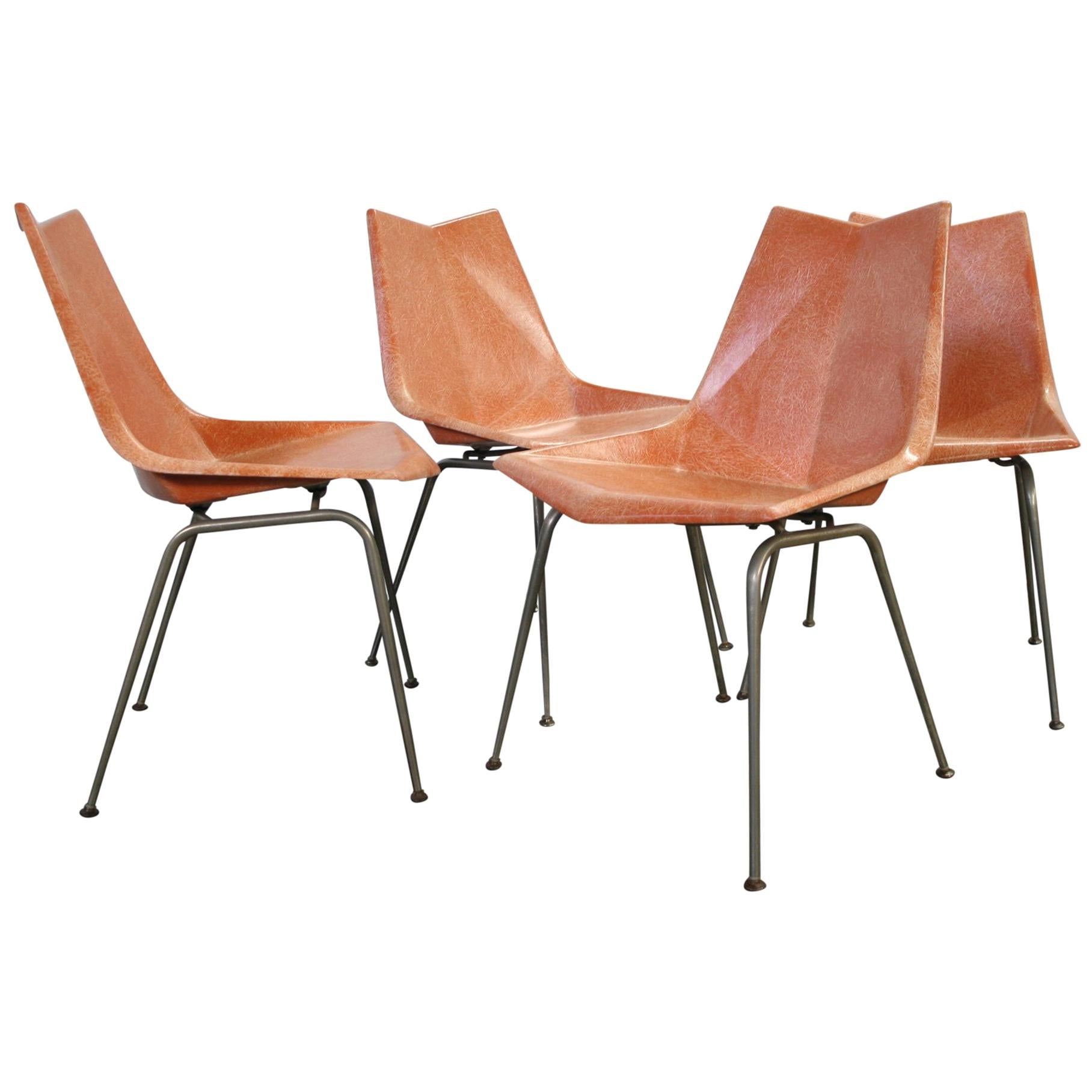 Original Midcentury Orange Paul McCobb Origami Fiberglass Chairs Set of 4 Rare