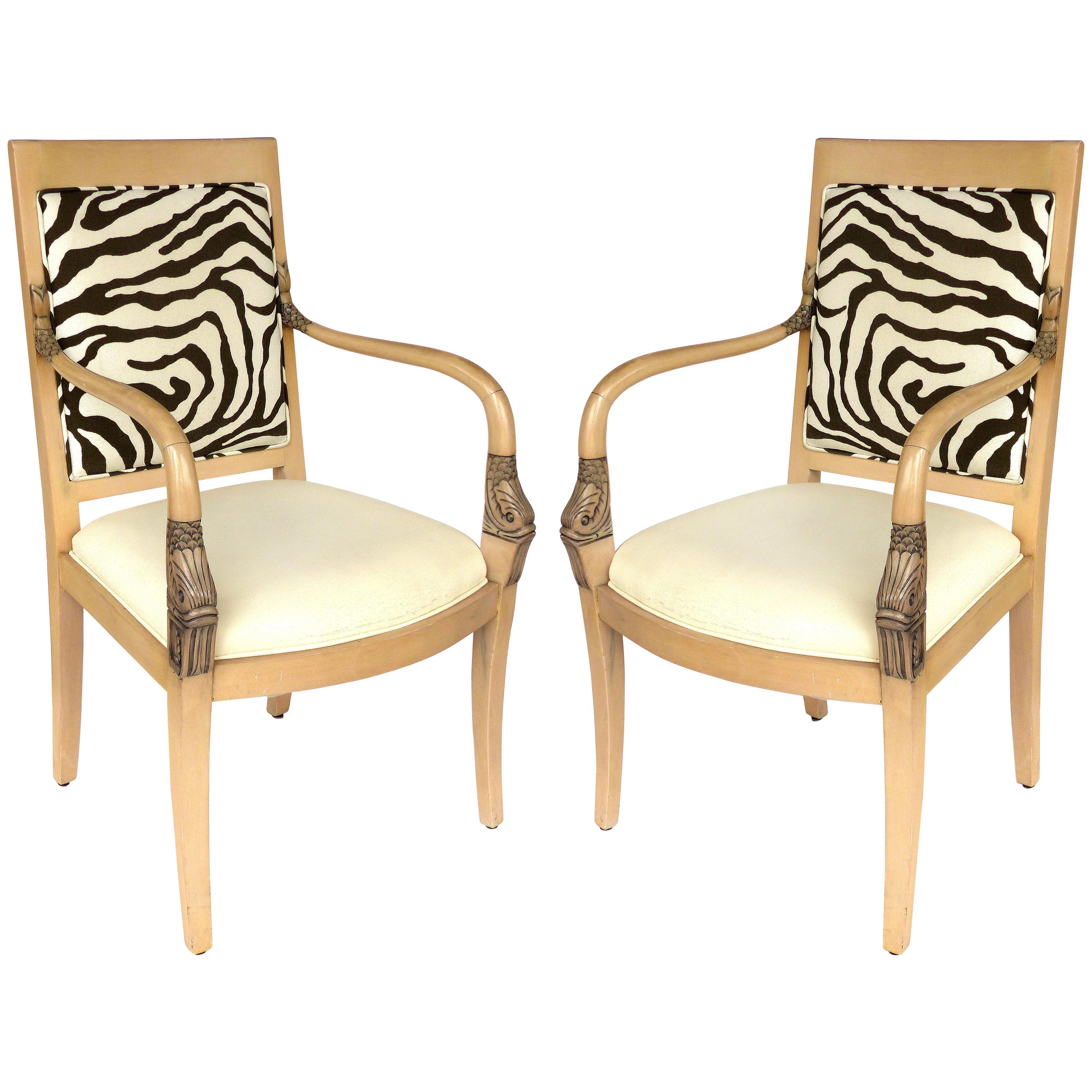 Armchairs of Blond Wood with Zebra Print Upholstery and Dolphin Carved Arms