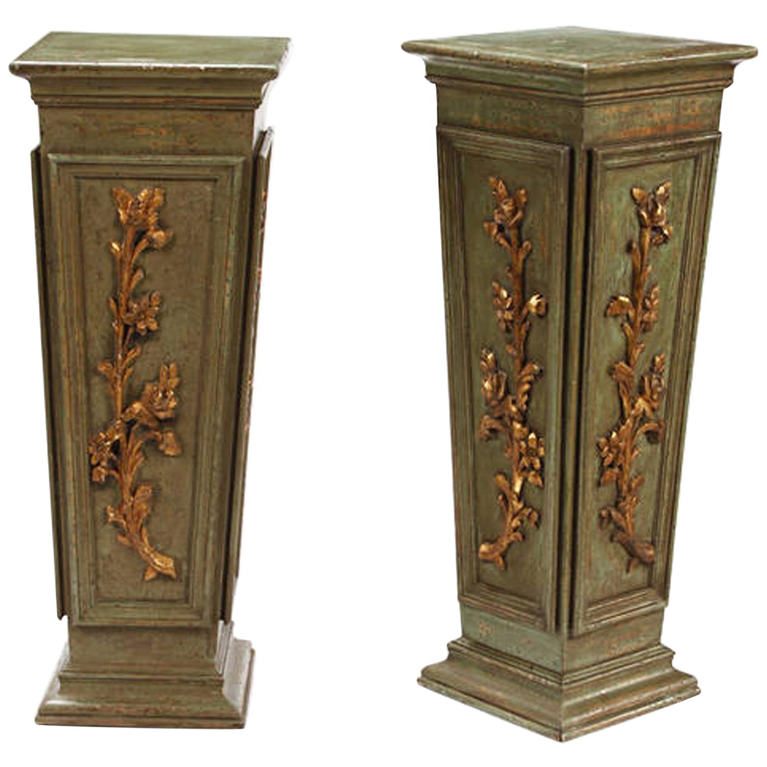 Pair Italian Neoclassical Style Green Painted Pedestals