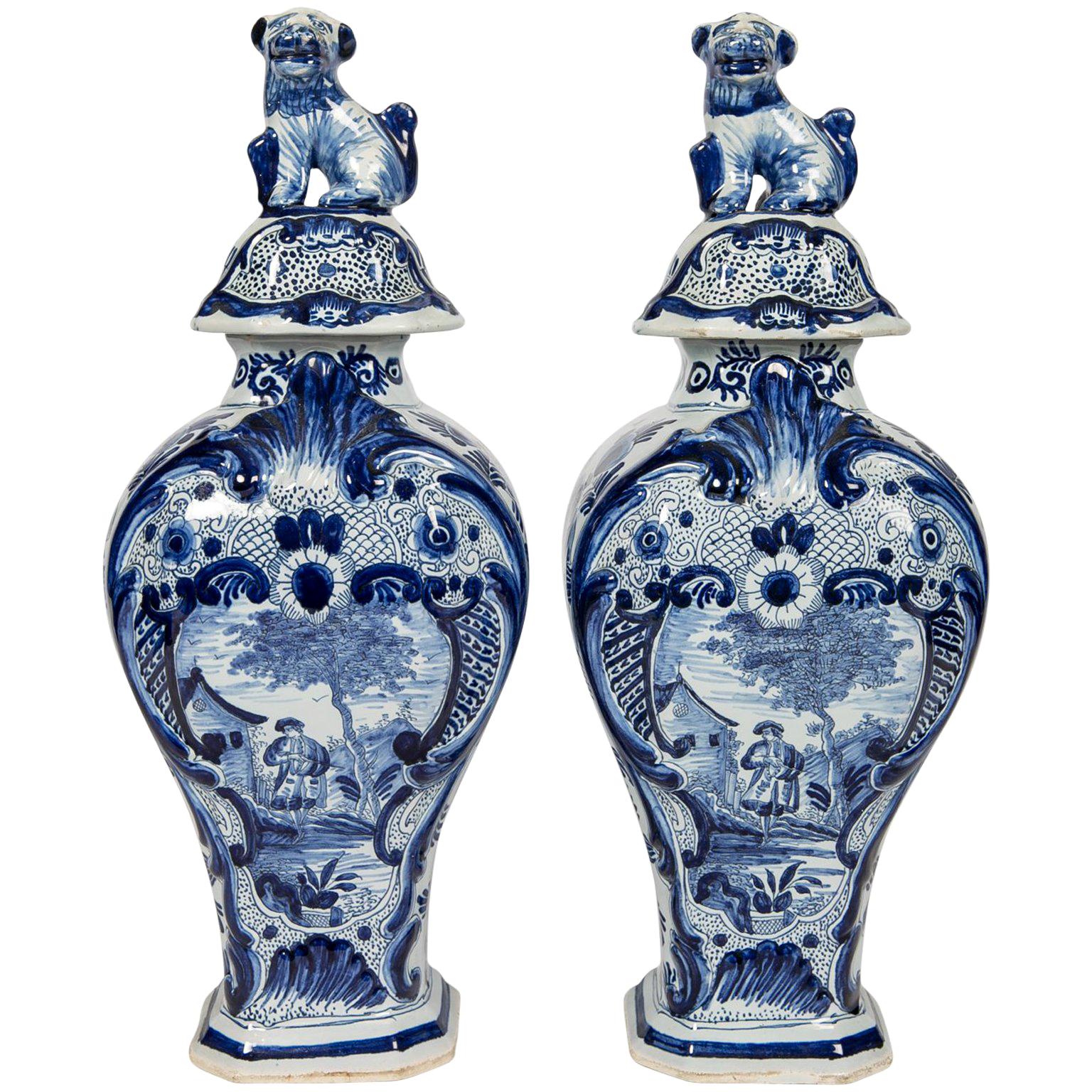 Blue and White Delft Mantle Vases Antique Dutch in Stock