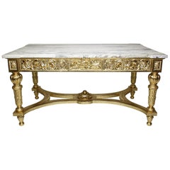 French 19th-20th Century Louis XVI Style Giltwood Carved Center Table Marble 