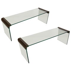 Pair of Modernist Tempered Glass Benches with Bronze Mounts