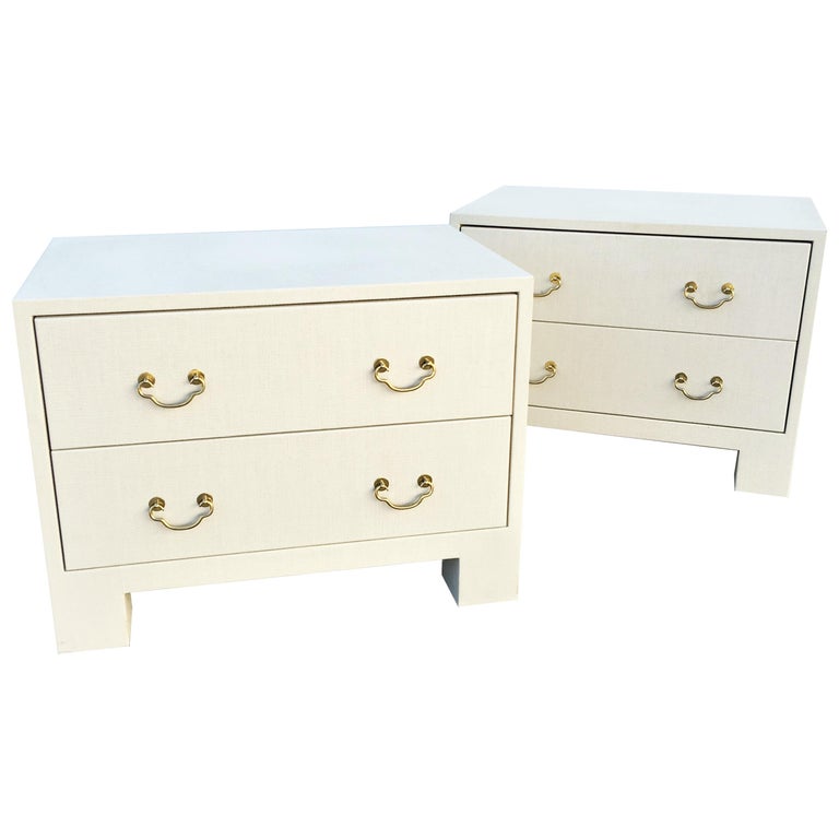 Elegant Pair Of Raffia Grasscloth Two Drawer Dresser Nightstands