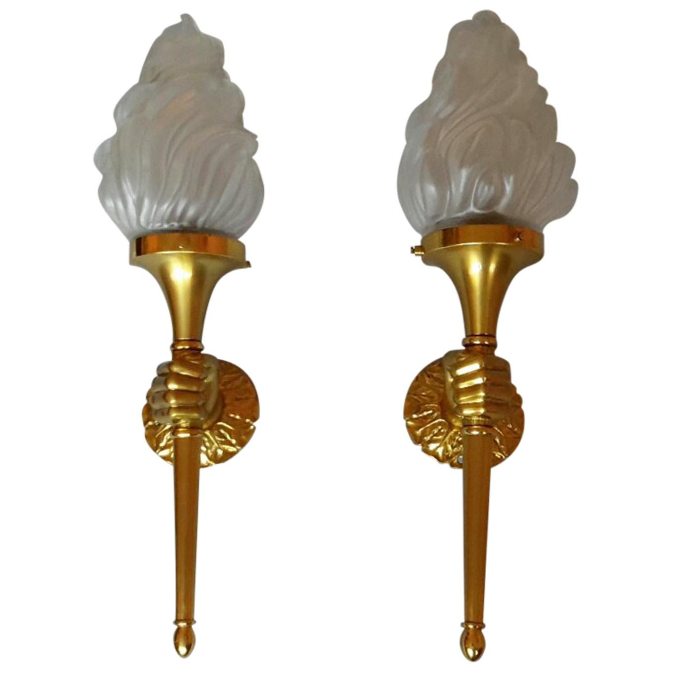Neoclassical Pair of Big Gilt Bronze Sconces by Maison Bagues, France, 1960s