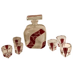 Art Deco Decanter Set in Red and Clear Czech Crystal