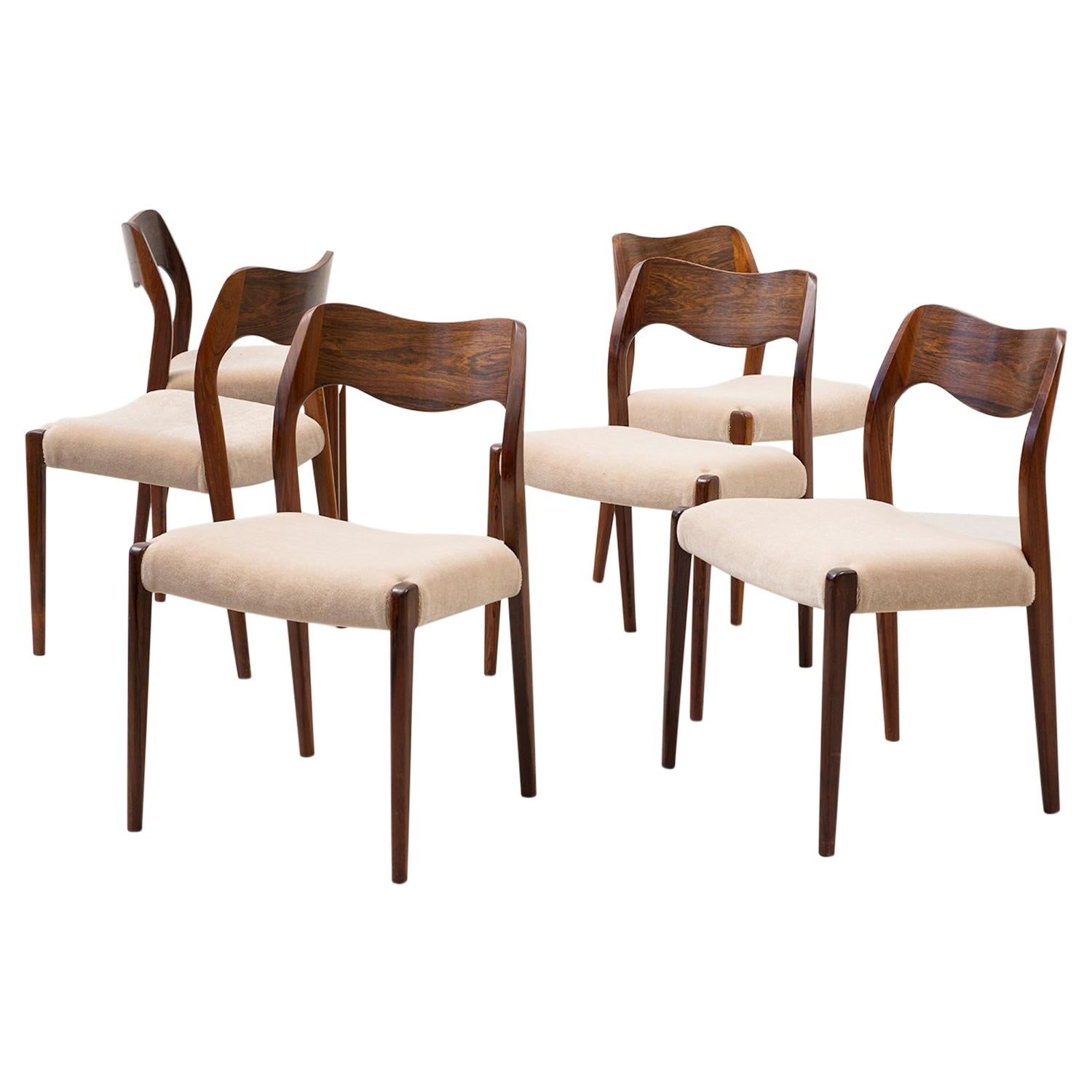 Set of Six Niels Moller Dining Chairs Model #71 in Rosewood and Velvet Mohair