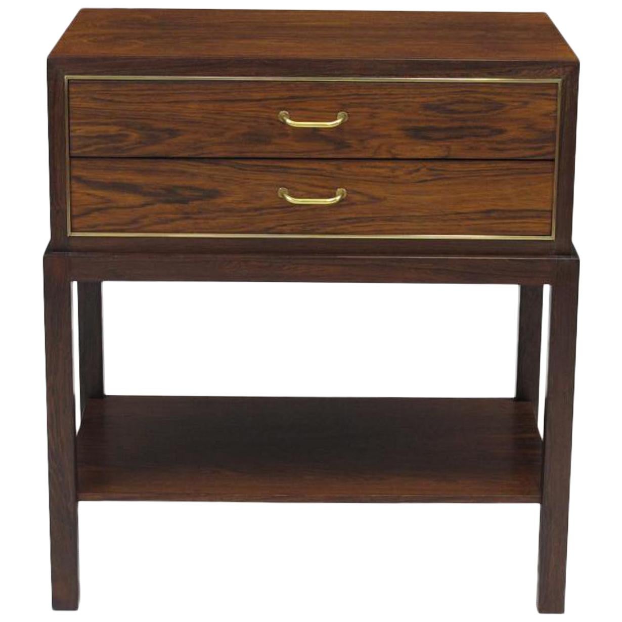 Brazilian rosewood nightstands designed by architect Ernst Kuhn (1890-1948), and handcrafted by Lysberg Hansen & Therp circa 1935 Denmark. Brazilian rosewood with mitered corners and brass inlay with two dovetailed drawers and elegant brass pulls