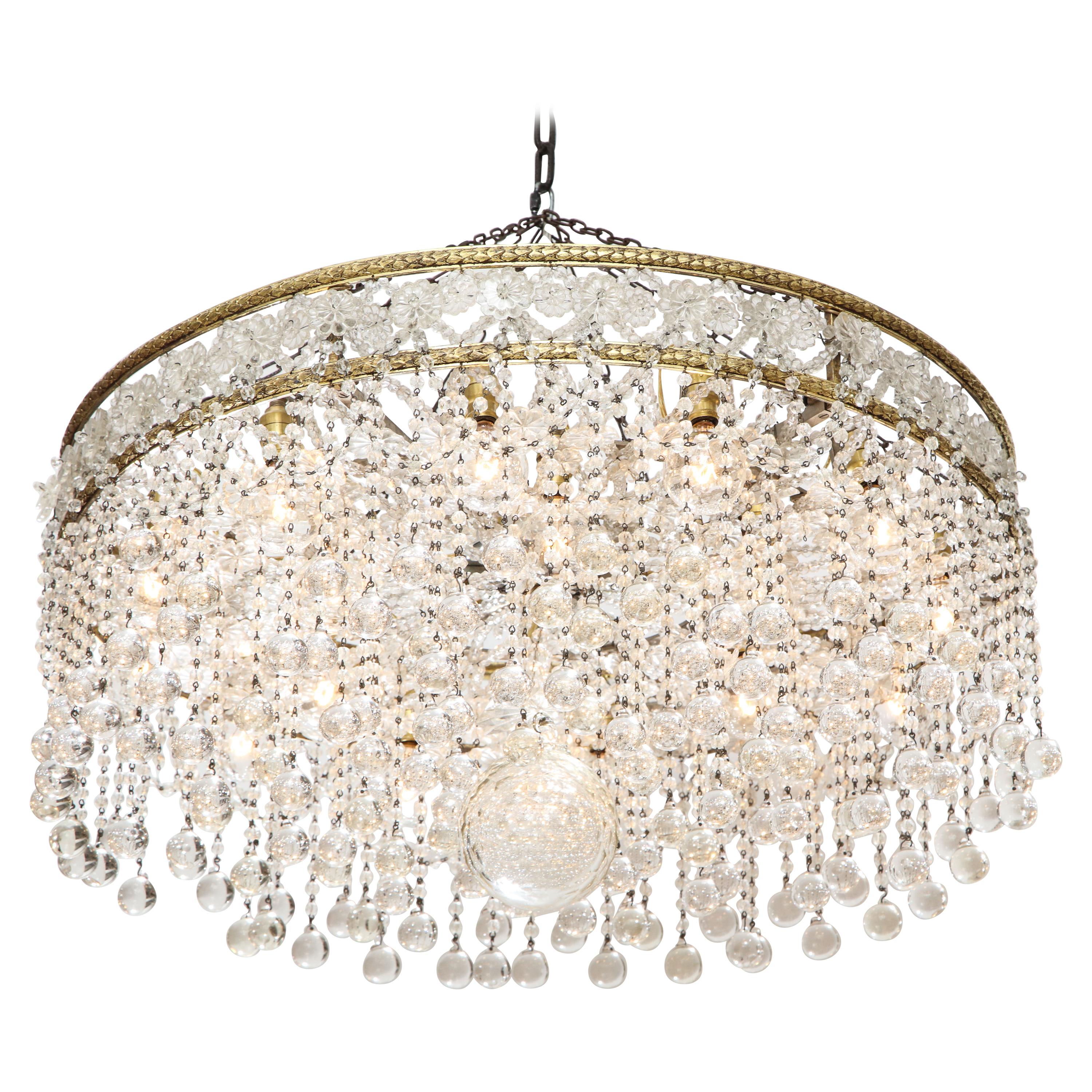 French Crystal Ball Deco Chandelier