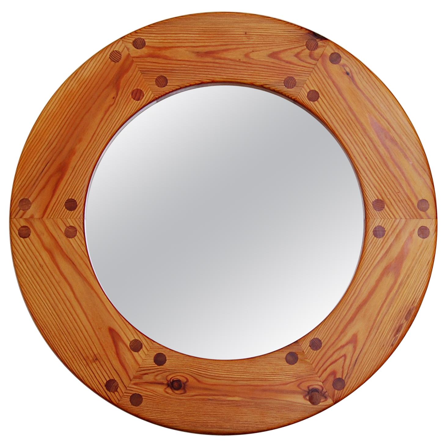 Round Swedish Wall Mirror in Pine by Luxus, 1960s