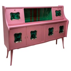 Italian Midcentury Bar Cabinet in Pink Lacquer with Malachite Panels