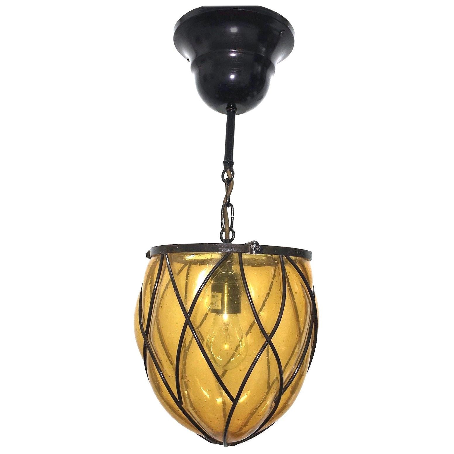 Iron and Amber Bubble Glass Hall Lantern Pendant, German, 1960s For Sale