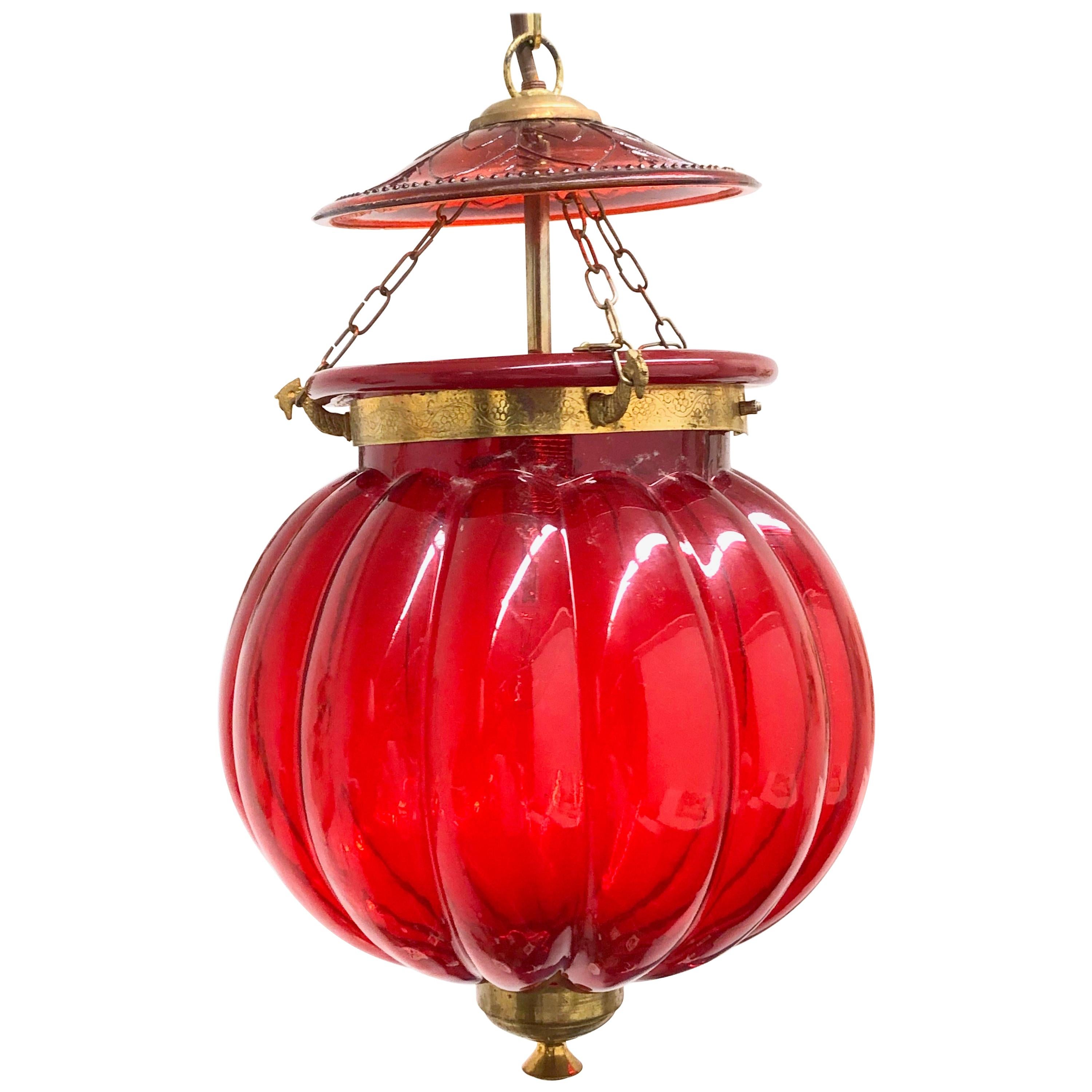 Oriental Style Red Glass and Brass Hall Lantern Pendant, German 1960s For Sale