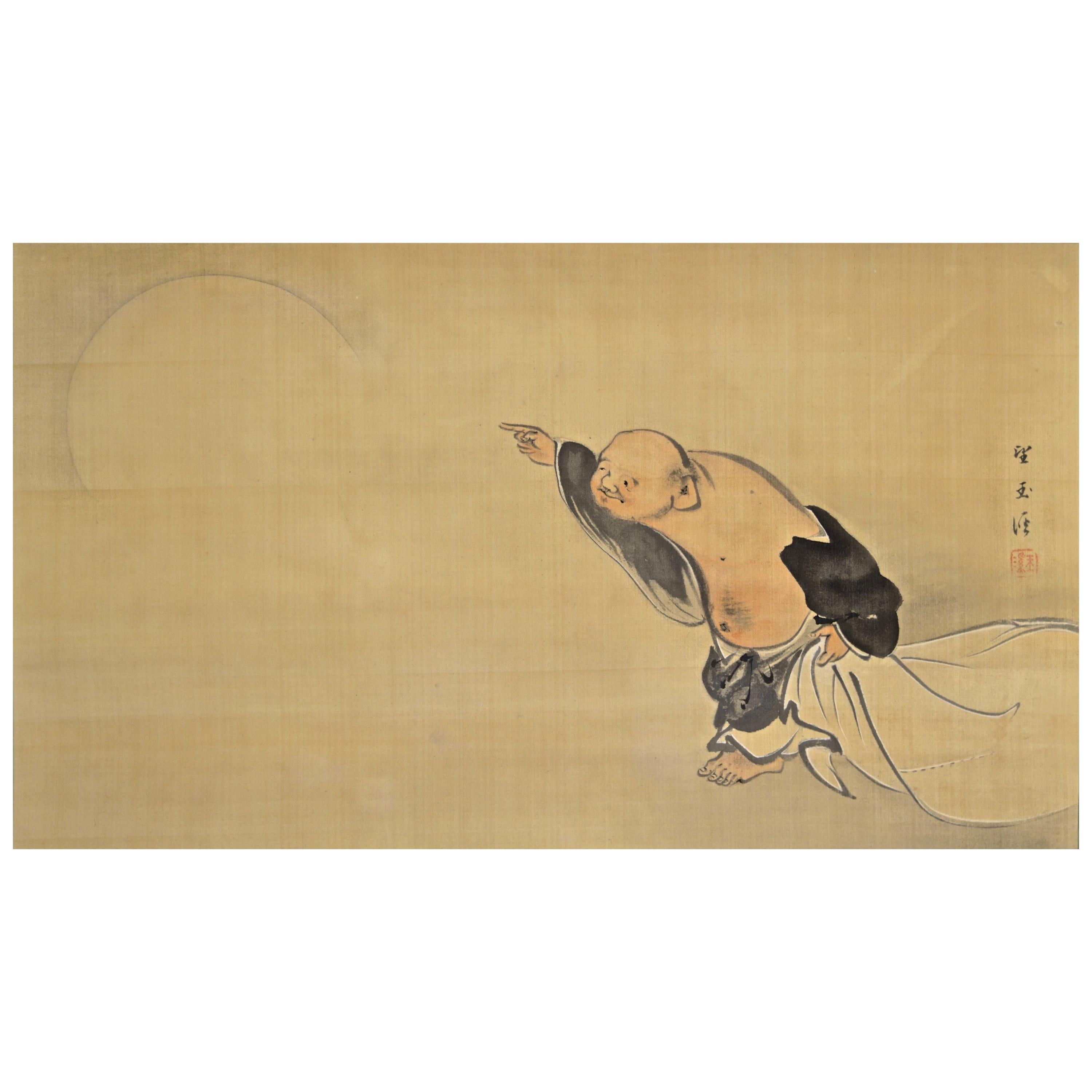 Painting "Hotei Pointing at the Moon" by Mochizuki Gyokkei '1874-1939' For Sale