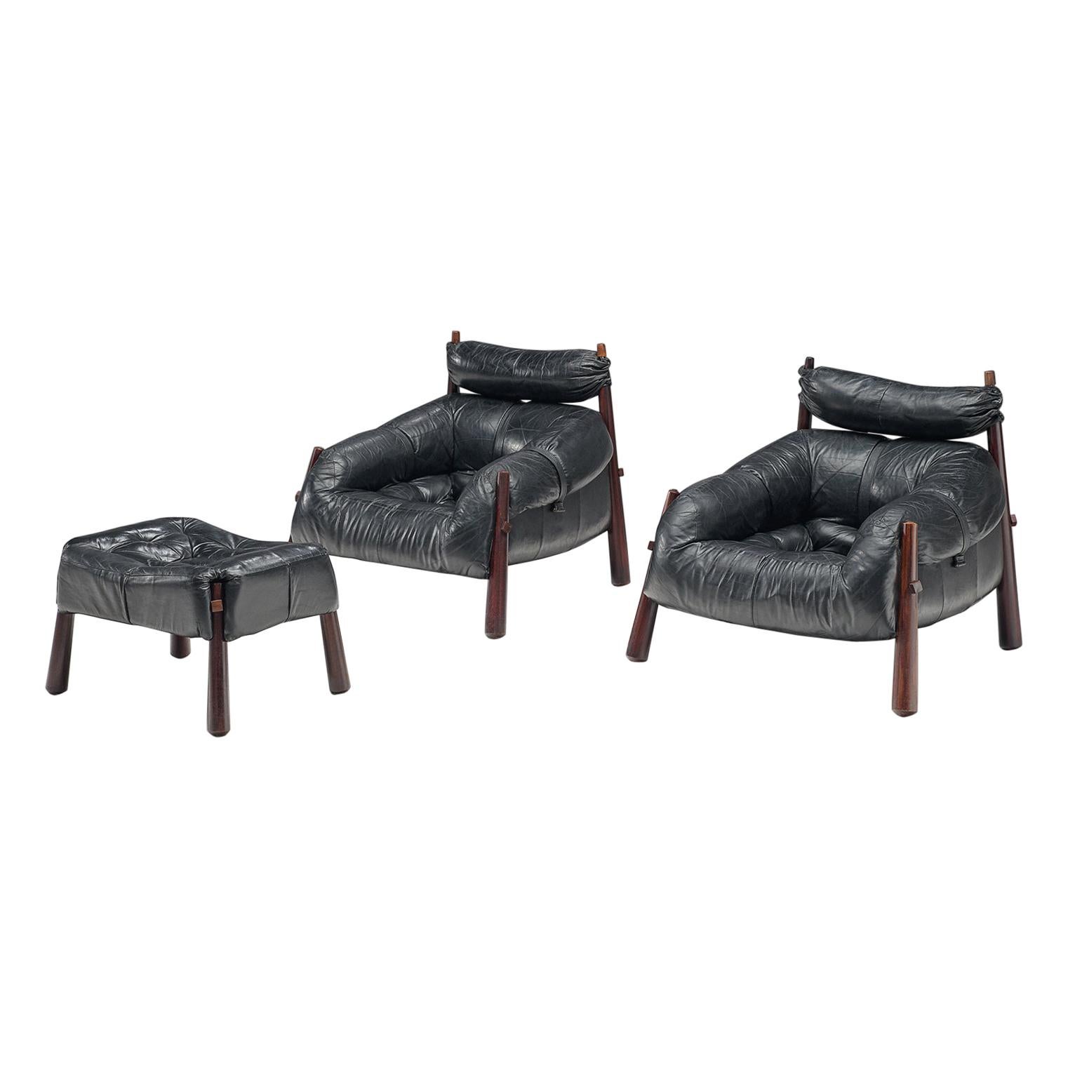 Percival Lafer Pair of 'MP-81' Lounge Chairs with Ottoman in Rosewood and Black