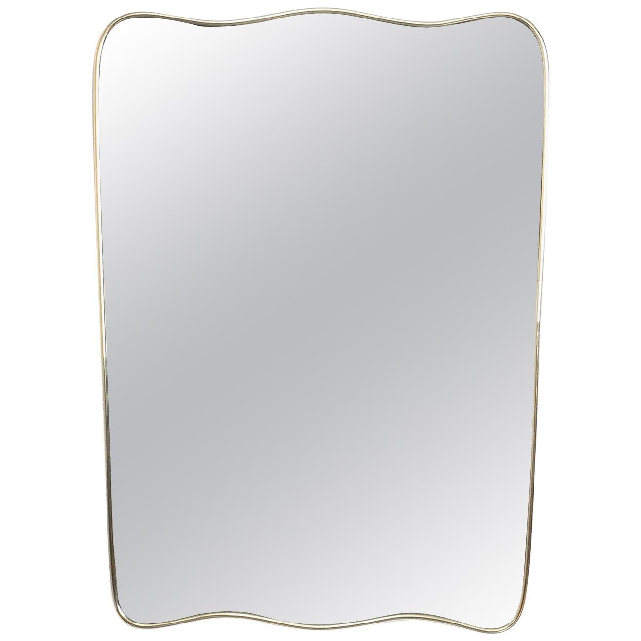 Curved Italian Wall Mirror Minimal Brass Frame, Italy, Midcentury