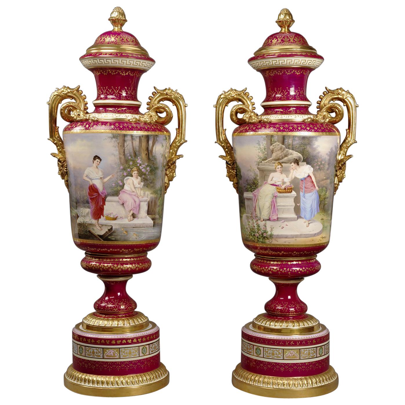 Large Pair of Magenta Ground Vienna Porcelain Exhibition Vases, circa 1900