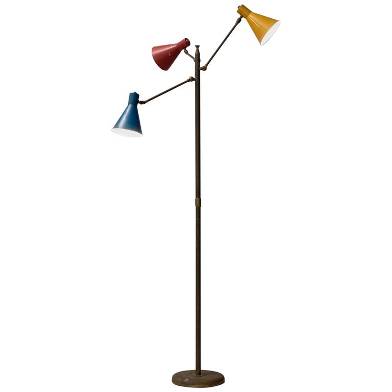 Italian Floor Lamp With Colored Shades And Well Patinated Br Italian Floor Lamp With Colored Shades