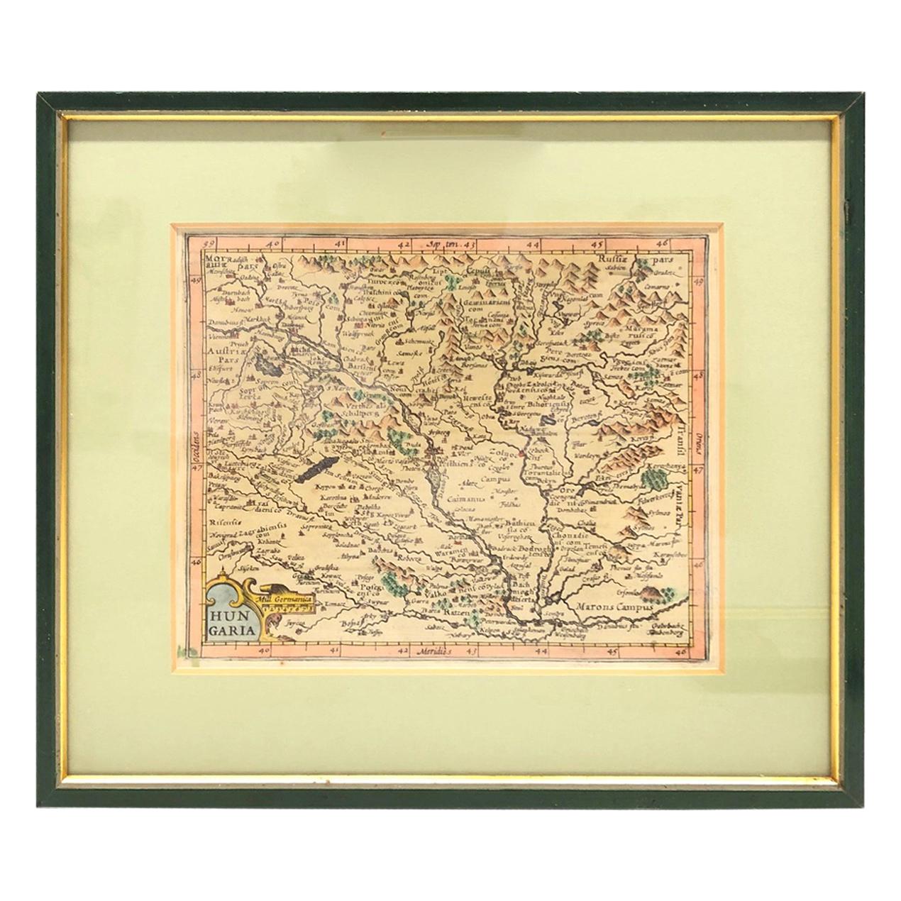 1970s Framed Antique Map of Hungaria Hungary 1629 Original