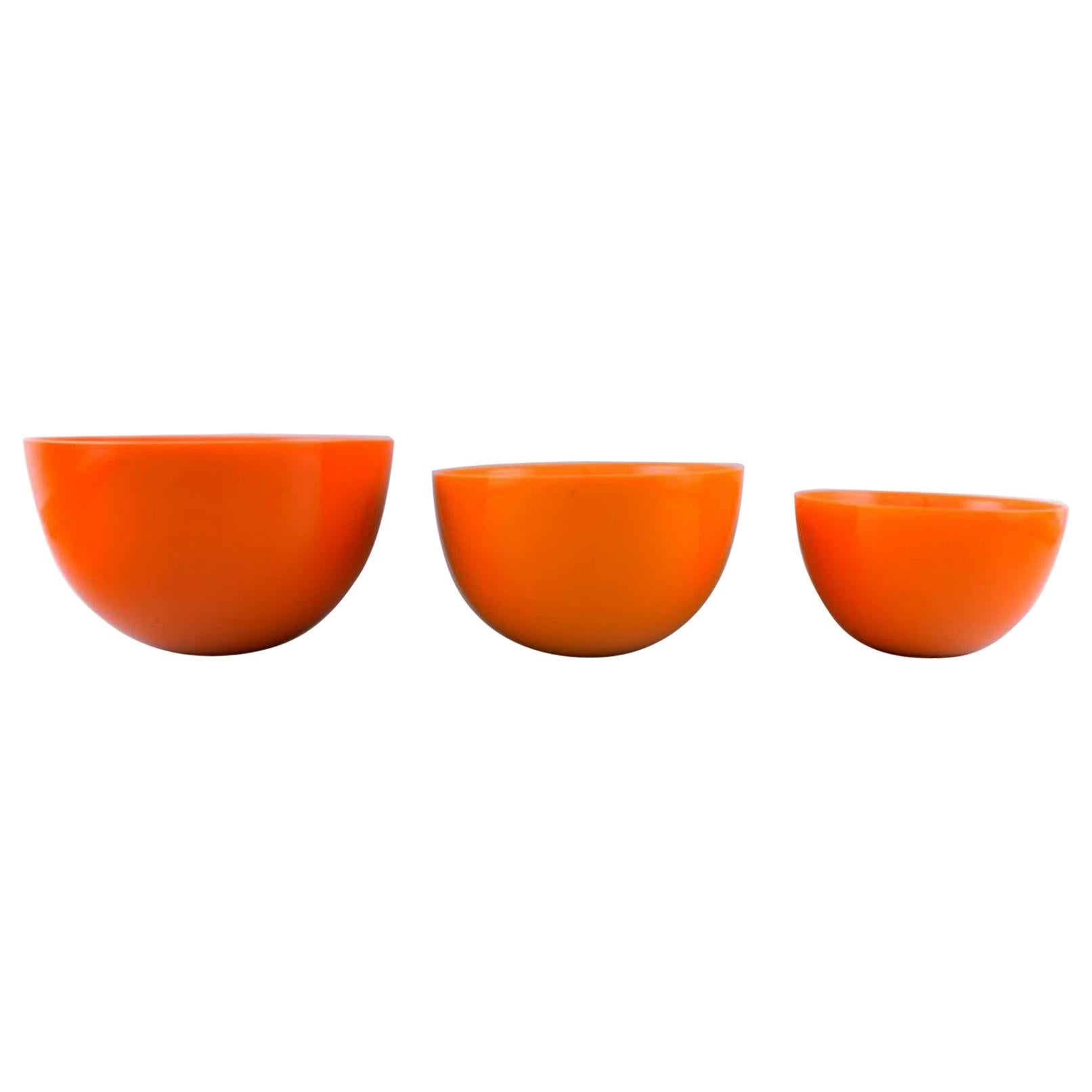 Sven Palmqvist for Orrefors, Sweden, 3 Orange "Colora" Bowls in Art Glass