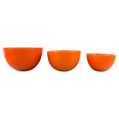 Sven Palmqvist for Orrefors, Sweden, 3 Orange "Colora" Bowls in Art Glass