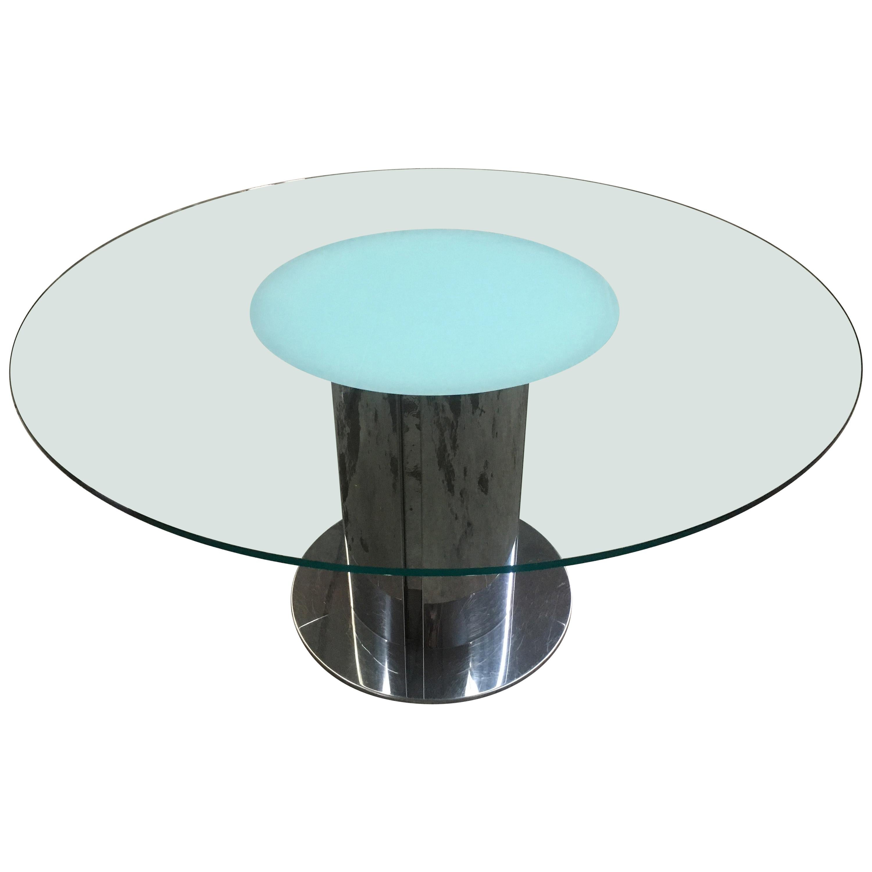 Mid-Century Modern Antonia Astori "Cidonio" Stainless Steel Table with Glass Top