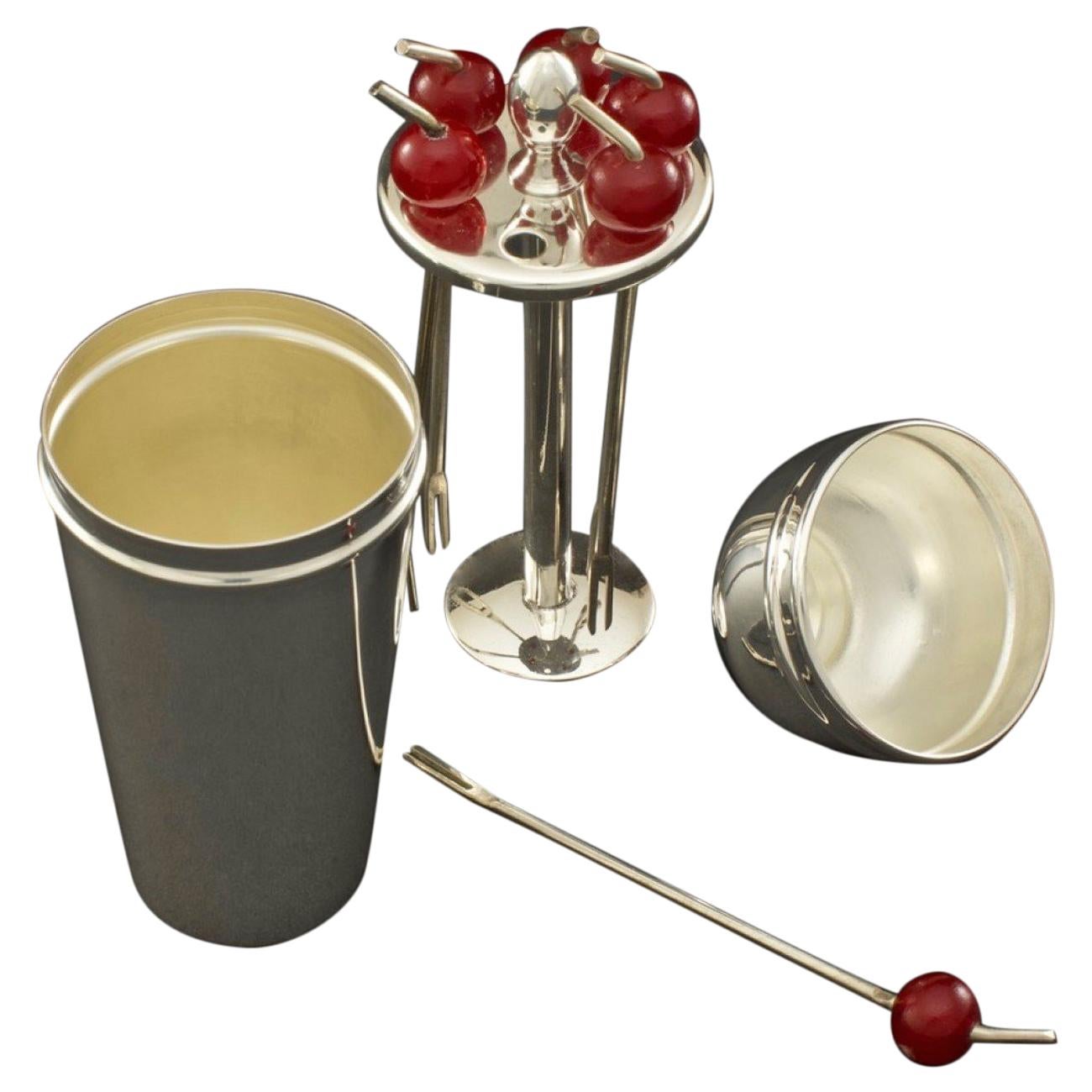 Cocktail Cherry Sticks in a Silver Plated Miniature Cocktail Shaker, circa 1935