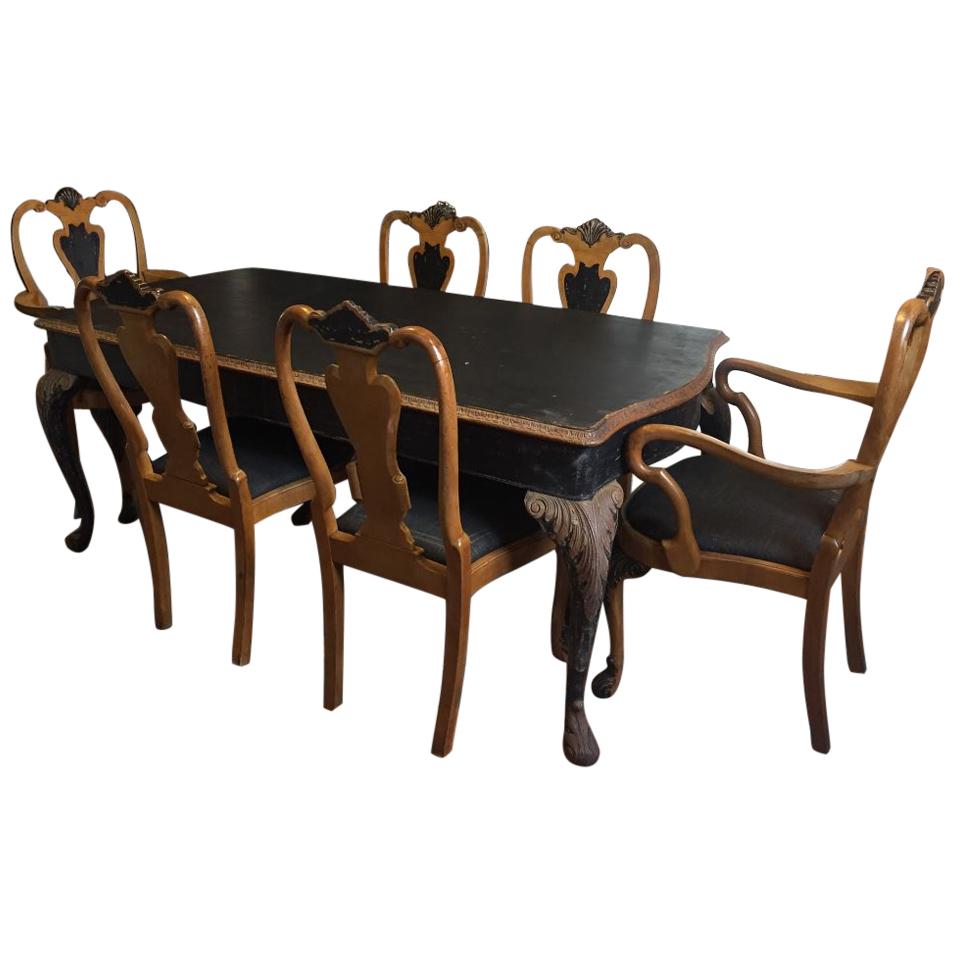 19th Century French Black Painted Dining Room Set with Six Seats, 1890s