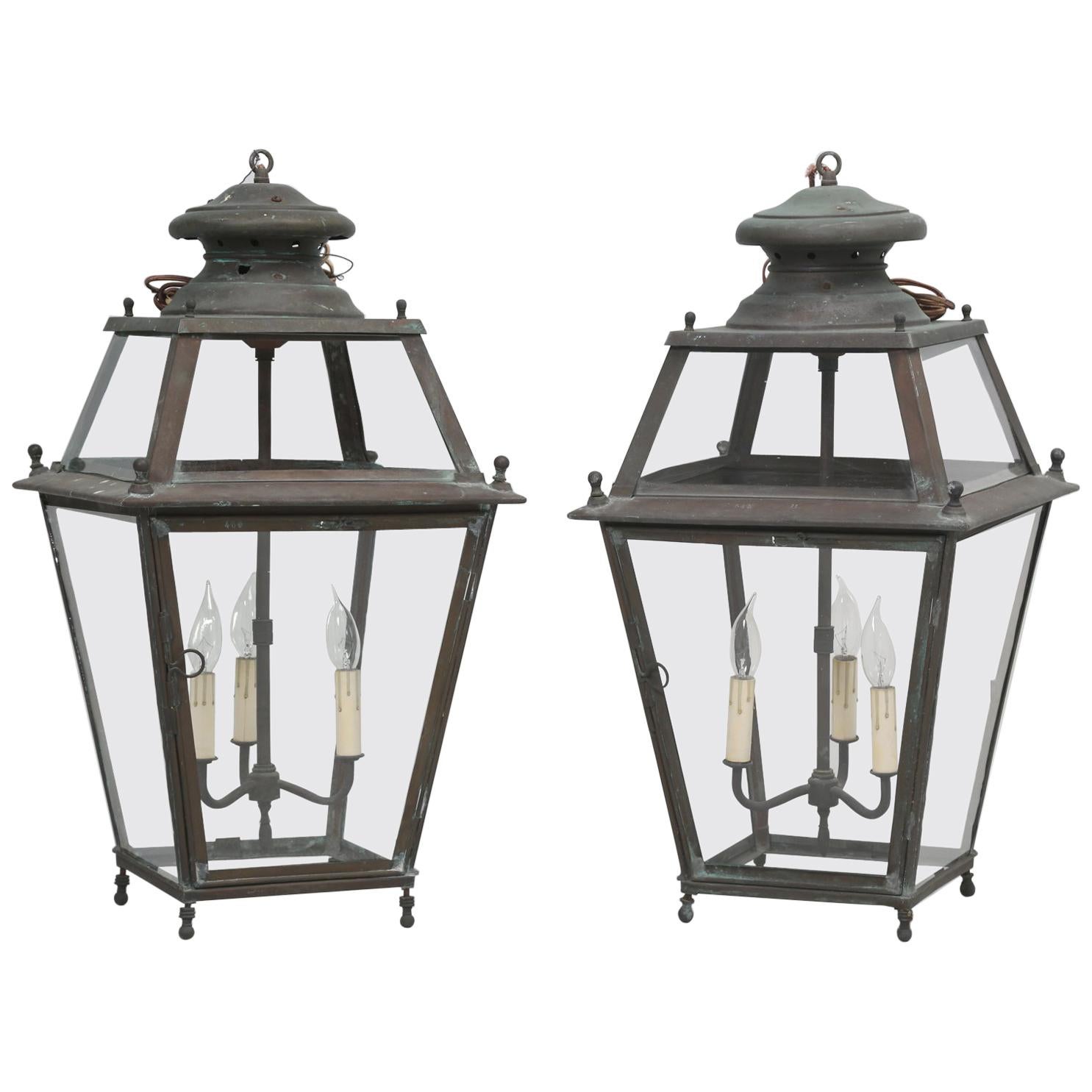 Pair of Old Copper French Lanterns with Wavy Glass Panes, Rewired