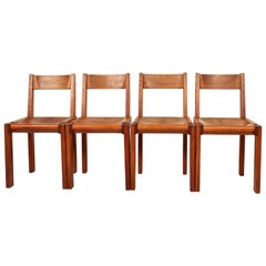 Pierre Chapo Set of Four Elm and Leather S 24 Dining Chairs, France, 1960s