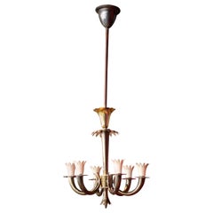 Gio Ponti, Emilio Lancia Art Deco Italian Design Brass Six-Lights Chandelier